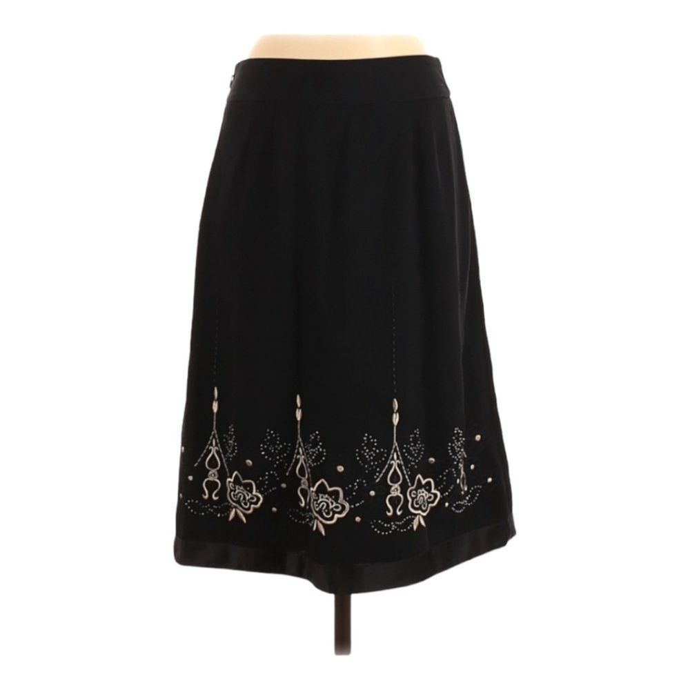 Loft Satin Trim Black and Gold Embellishment Beaded Midi Skirt Size 12